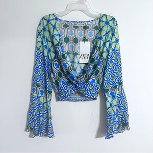 Zara‎ Multicolor Geometric Print Women's Top Color Green Blue Size Medium NWTO